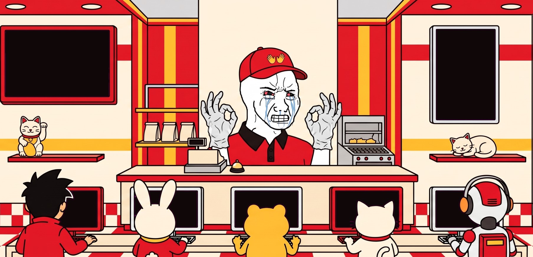 Illustration of a fast-food counter: a crying cartoon worker behind the counter, and a spiky-haired kid, a bunny, a frog, a cat and a robot ordering at self-order kiosks.